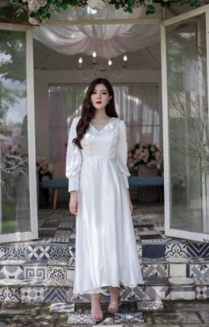 Đầm Dạ Hội Satin Cổ V Trắng Lửng DDH571