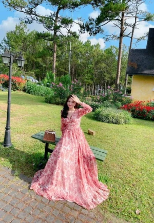 Đầm Maxi Hoa Bản Eo Kết Ngọc Nâu H0385