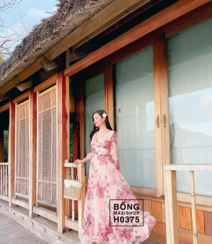 Đầm Maxi Hoa Hồng Cam Bản Eo H0375