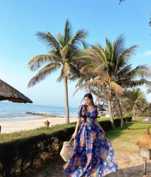 Đầm Maxi Hoa Xanh Bản Eo Ngọc Trai H0367