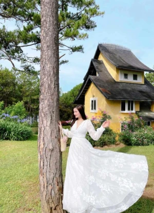 Đầm Maxi Ren Tay Dài Hàng Ngọc Giữa Trắng DT730