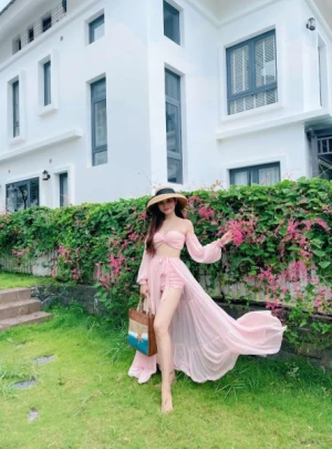 Đầm Maxi Set Bikini Hồng Phấn 3 Món DM806