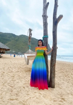 Đầm Maxi Trễ Vai Bèo Phồng Cam Xanh DM746