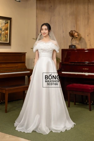 Váy cưới Organza trễ vai trắng hoa ngực xếp ly eo SCD166T