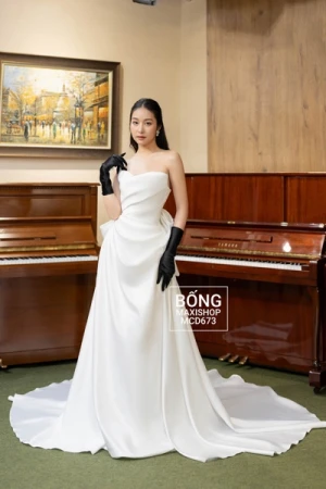 Váy cưới phi nhật cup ngực trắng tà bèo nơ lớn dáng A MCD673