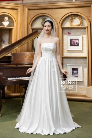 Váy cưới phi nhật cup ngực trắng tủa ren in MCD660
