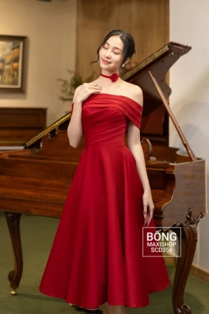 Váy cưới phi nhật trễ vai đỏ xếp ly xéo trễ vai rời lửng váy ngắn SCD356D