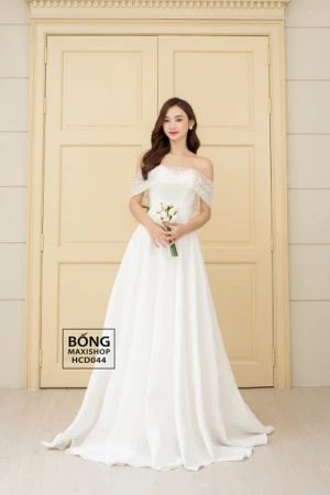 Váy cưới phi nhật trễ vai ngang trắng kim sa điểm ngọc HCD044