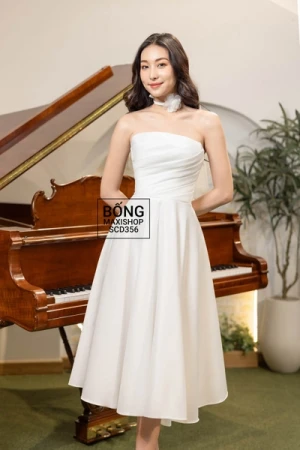 Váy cưới phi nhật trễ vai trắng xếp ly xéo trễ vai rời lửng váy ngắn SCD356T