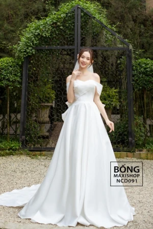 Váy cưới phi nhật voan tùng phồng trễ vai nơ trắng NCD091T