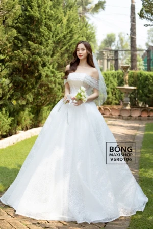 Váy cưới tùng kim sa bi trễ vai ngang trắng kim sa VSRD106