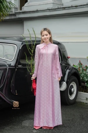 Áo Dài Cách Tân Giao Vũ MARYMY Chất Liệu Tơ tằm Nha Sá Thiết Kế Nơ Cách Điệu Trước Ngực