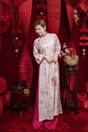 Áo Dài Cách Tân Thy Cầm Hồng Chất Liệu Lụa Tơ Tằm Thiết Kế Cao Cấp