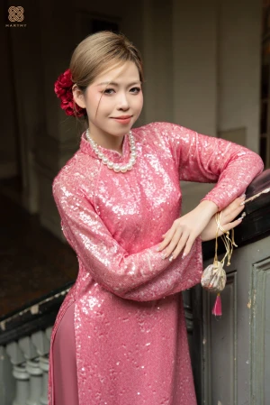 Áo dài Thiết Kế Chất Liệu Kim Sa Dệt Màu Hồng MARYMY Cao Cấp Thanh Lịch