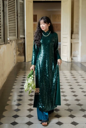 Áo dài Thiết Kế Chất Liệu Kim Sa Dệt Màu Xanh MARYMY Cao Cấp Thanh Lịch