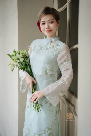 Áo Dài Thiết Kế Lam Cúc MARYMY Chất Liệu Cao Cấp Quý Phái Sang Trọng