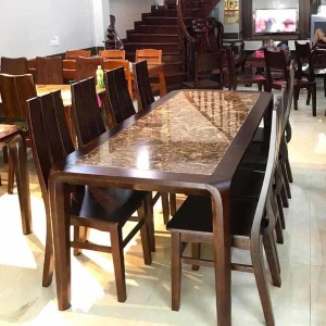 Bàn Ăn 8 Ghế Gỗ Sồi Màu Óc Chó Mặt Đá