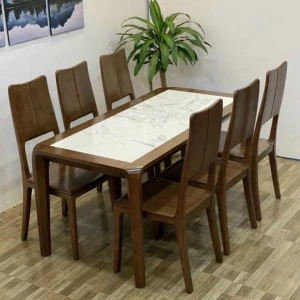 Bàn Ăn Gỗ Sồi Mặt Đá 6 Ghế