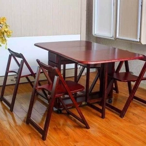 Bàn Ăn Thông Minh Màu Nâu 4 Ghế Gấp Gọn Gỗ Tự Nhiên