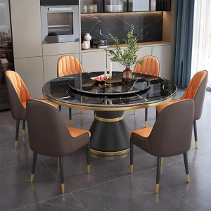Bàn Ăn Thông Minh Tròn 6 Ghế Nhập Khẩu Cạnh Mạ PVD Vàng