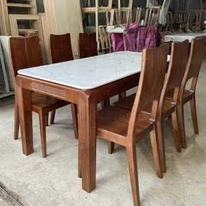 Bàn Ghế Ăn 6 Ghế Gỗ Sồi Mặt Đá 3D