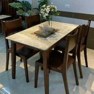 Bộ Bàn Ăn 4 Ghế Gỗ Sồi Mặt Đá Không Xước Không Ố