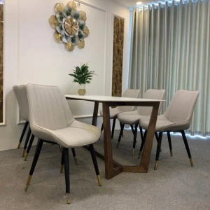 Bộ Bàn Ăn Khung Gỗ Sồi Mặt Đá 6 Ghế Loft Nhập Khẩu