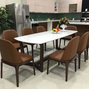 Bộ Bàn Ăn Mặt Đá 8 Ghế Grace Bọc Da