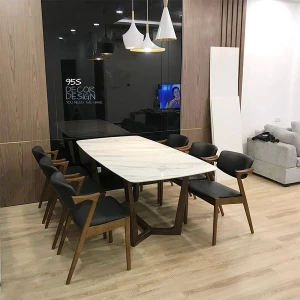 Bộ bàn ăn mặt đá chân gỗ Concorde 6 ghế gỗ Kai