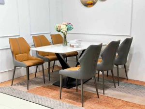 Bộ Bàn Ăn 6 Ghế Mặt Đá Amber Trám Nhập Khẩu BA871