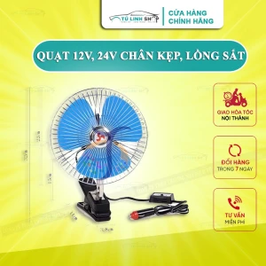 Quạt 12v, 24v kẹp trên ô tô, xe hơi, xe tải có lồng sắt  đường kính 18CM