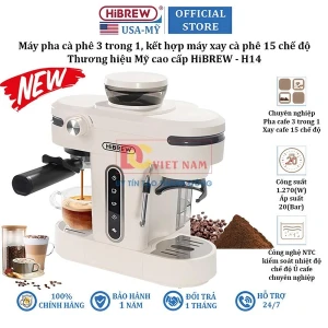 Máy pha cà phê bán tự động 3 trong 1 Espresso, Cappuccino, Latte. Kết hợp máy xay cà phê 15 chế độ. Thương hiệu Mỹ cao cấp HiBREW - H14