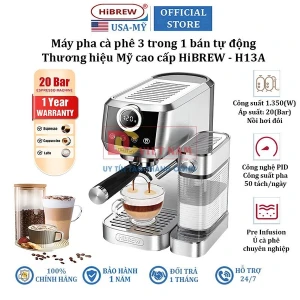 Máy pha cà phê Espresso bán tự động, 3 trong 1 tự động pha Espresso, Latte, Cappuccino. Thương hiệu Mỹ cao cấp HiBREW - H13A