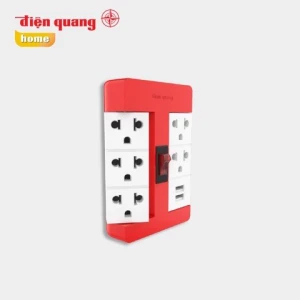 Ổ cắm xoay 90º ESK RT 53RW 2USB 5 lỗ 3 chấu, 2USB, màu đỏ trắng