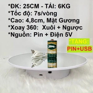 Bàn xoay, đế xoay 360, 25cm, tải 6kg, trắng hoặc đen dùng pin hoặc điện 5V