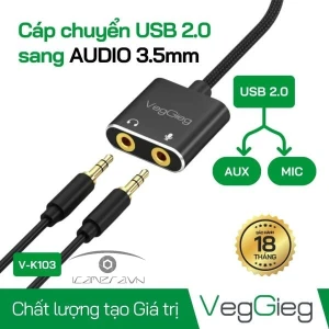 Cáp chuyển USB ra audio 3.5mm hỗ trợ Mic và Tai Nghe Veggieg V-K103
