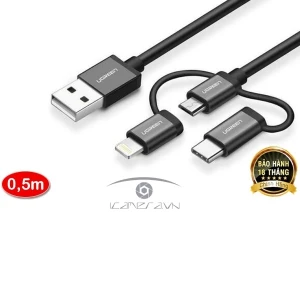 Ugreen 30783 Cáp sạc 3 trong 1 Micro USB/ USB Type C/ Lightning dài 0,5m chính hãng