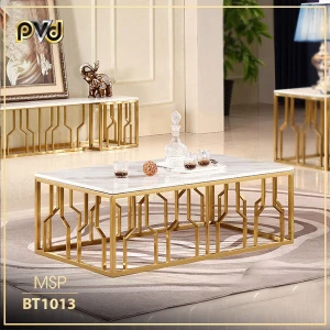 Bàn trà mặt kính vuông chân tiện BT1013 - PVD Decor