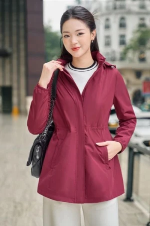 Áo jacket chất liệu gió tráng nhựa 50D dáng dài có rút eo linh hoạt