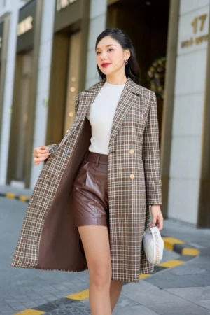 Áo khoác dạ măng tô thu đông nữ Cardina họa tiết kẻ cổ vest dáng dài