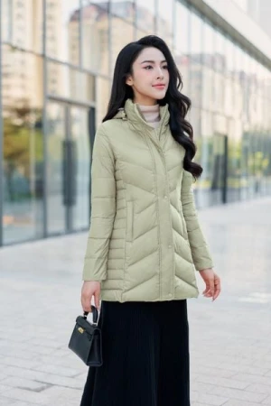 Áo khoác lông vũ nữ dáng lỡ siêu nhẹ cách điệu tạo eo giữ ấm tuyệt đối