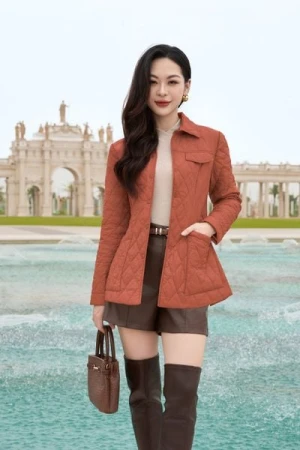 Áo khoác phao nữ dáng lửng Happy chần trám đai eo