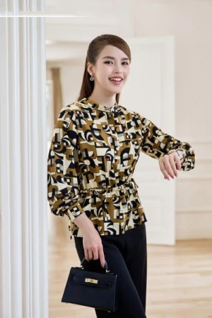 Áo sơ mi kiểu nữ chất lụa Hàn Châu rút eo peplum họa tiết