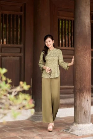 Bộ pháp phục đi chùa chất gấm tơ tằm cổ tấc cách điệu