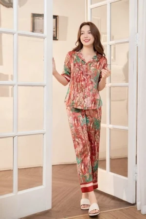 Bộ pyjama lụa quần dài ống suông tay lỡ họa tiết mặc nhà Cardina