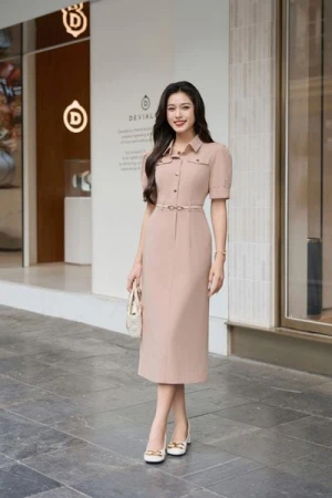 Đầm công sở nữ chất tuýtsi dáng đứng cổ đức tay lỡ