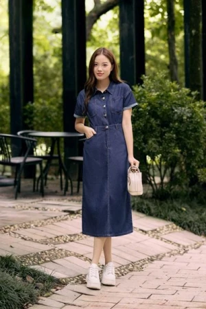 Đầm jean dáng A Cardina cổ đức tay cộc dáng dài