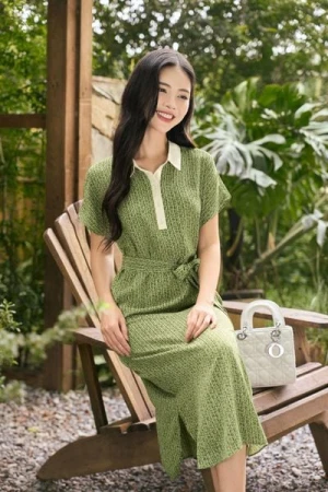 Đầm suông lụa Hàn Châu phối cổ họa tiết thắt eo thanh lịch