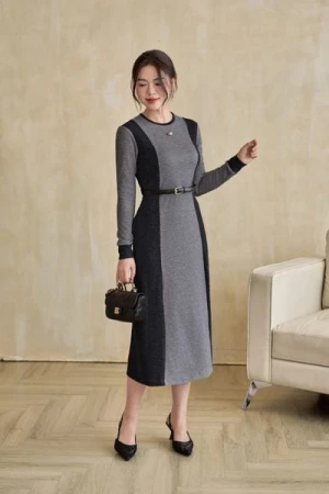 Đầm suông nữ Cardina phối màu chất nỉ lông cừu kèm đai da