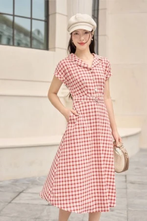 Đầm thô tay liền cổ vest có đai eo tôn dáng, thanh lịch